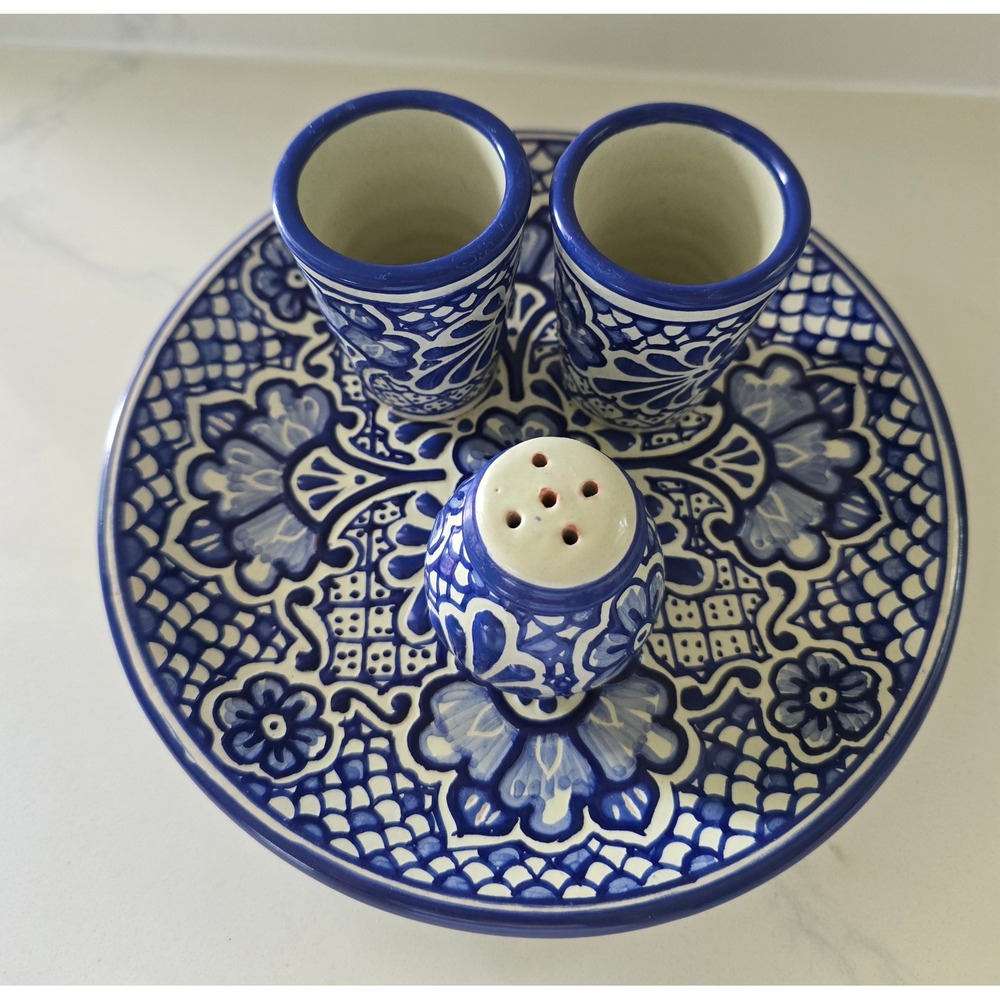 Handmade Talavera Pottery Set Tequila Shot Glasses Plate Salt Shaker - Picture 2 of 7